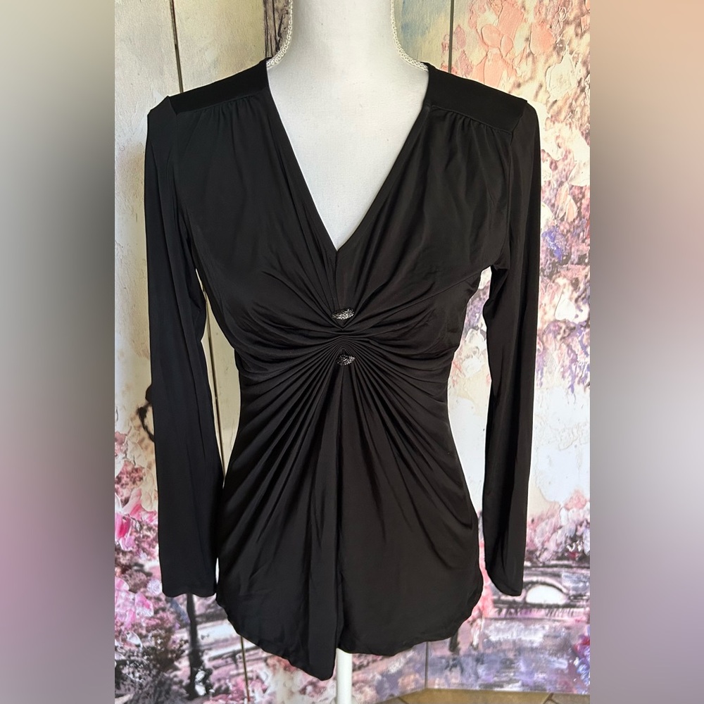 Cache - Black Front Gathered Jeweled Top. Size S